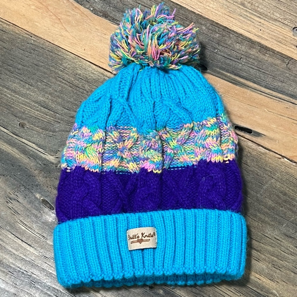 Britt's Knits Beanie‎ Hat Winter Knit Colorful Pom Pom Cable Knit 4T